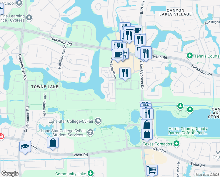 map of restaurants, bars, coffee shops, grocery stores, and more near 9452 Caddo Ridge Lane in Cypress