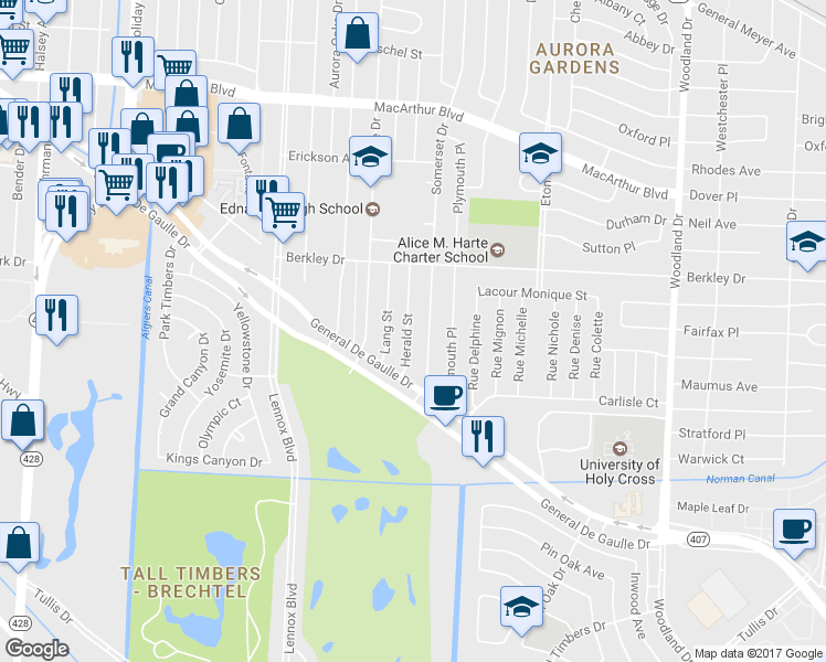 map of restaurants, bars, coffee shops, grocery stores, and more near 3710 Herald Street in New Orleans