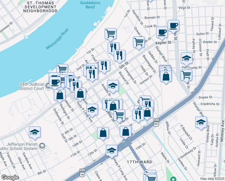 map of restaurants, bars, coffee shops, grocery stores, and more near 315 7th Street in Gretna