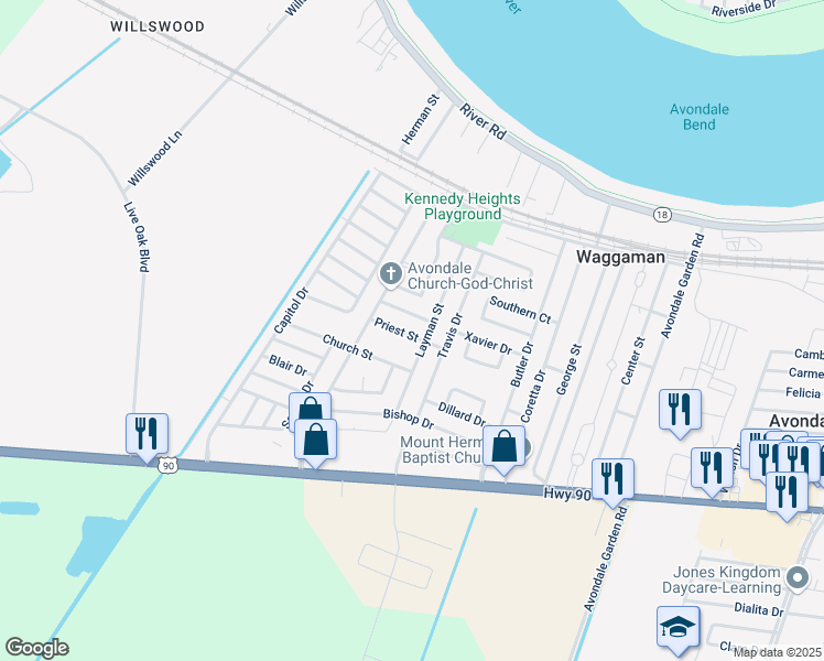 map of restaurants, bars, coffee shops, grocery stores, and more near 224 Priest Street in Avondale