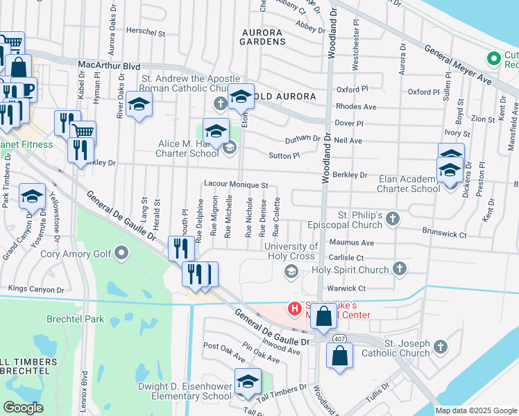 map of restaurants, bars, coffee shops, grocery stores, and more near 3561 Rue Denise in New Orleans