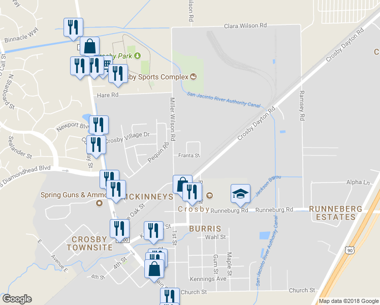 map of restaurants, bars, coffee shops, grocery stores, and more near 6102 Williams Road in Crosby