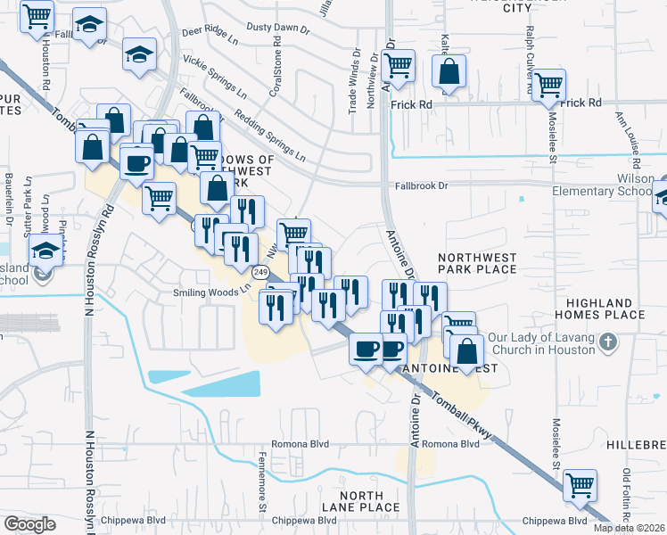 map of restaurants, bars, coffee shops, grocery stores, and more near 6543 Duckett Park Drive in Houston