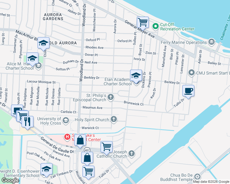 map of restaurants, bars, coffee shops, grocery stores, and more near 6210 Fairfax Place in New Orleans