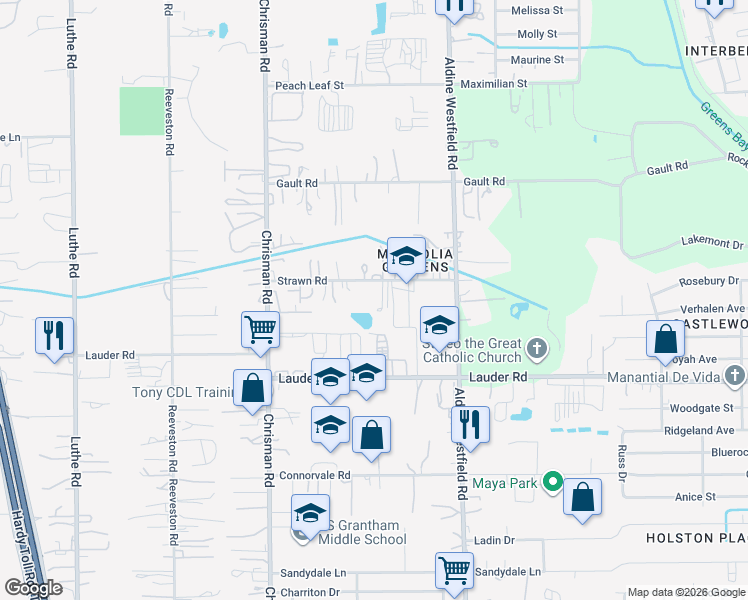 map of restaurants, bars, coffee shops, grocery stores, and more near 1214 Strawn Road in Houston