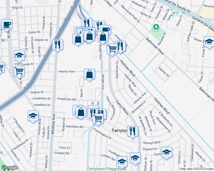 map of restaurants, bars, coffee shops, grocery stores, and more near 218 Terry Parkway in Gretna