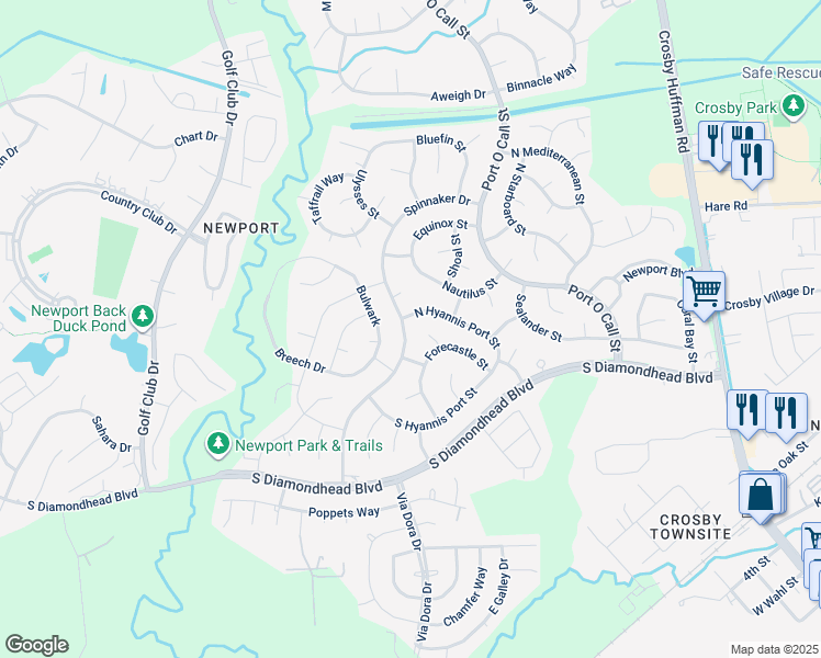 map of restaurants, bars, coffee shops, grocery stores, and more near 16126 Spinnaker Drive in Crosby