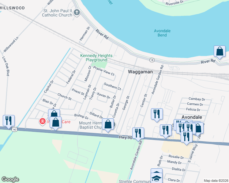 map of restaurants, bars, coffee shops, grocery stores, and more near 313 Butler Drive in Westwego