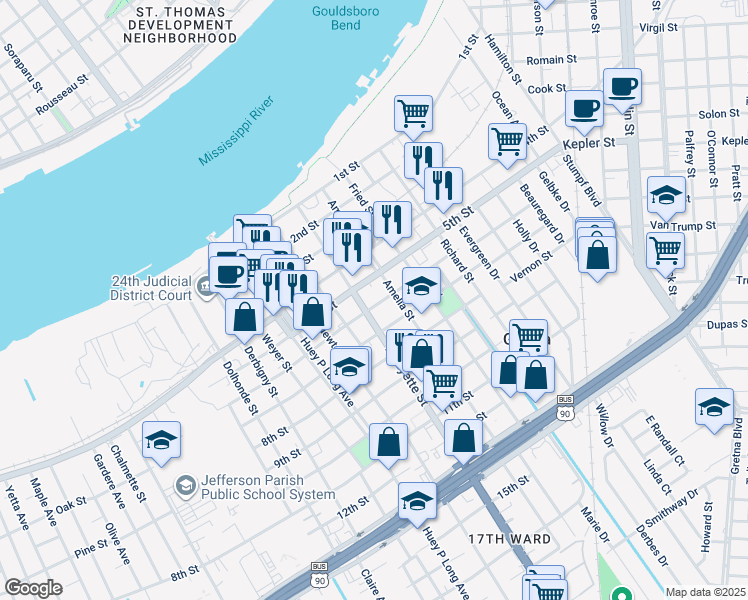 map of restaurants, bars, coffee shops, grocery stores, and more near 420 6th Street in Gretna