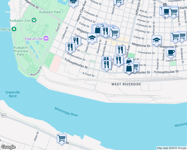 map of restaurants, bars, coffee shops, grocery stores, and more near 5900 South Front Street in New Orleans
