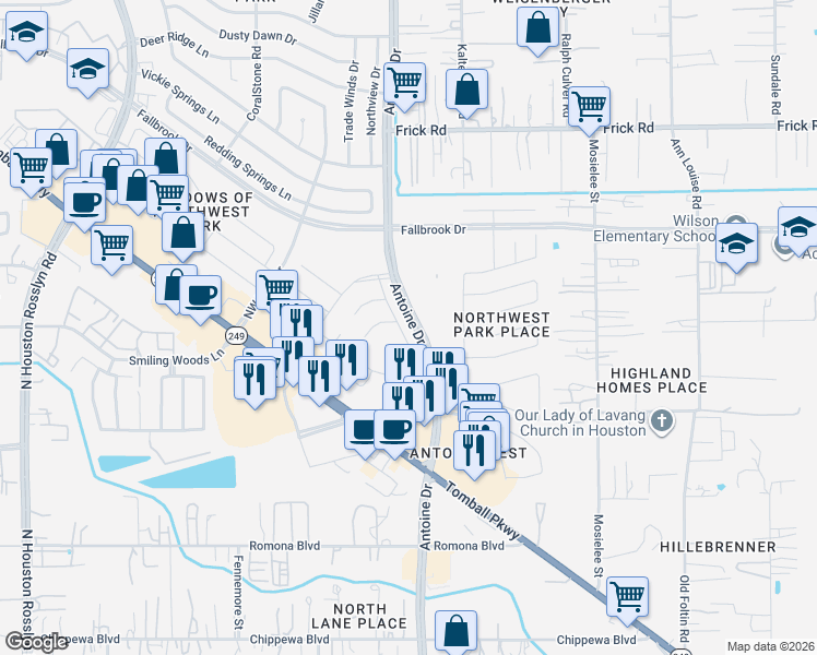map of restaurants, bars, coffee shops, grocery stores, and more near 9754 Phil Halstead Drive in Houston