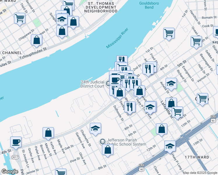 map of restaurants, bars, coffee shops, grocery stores, and more near 200 Derbigny Street in Gretna