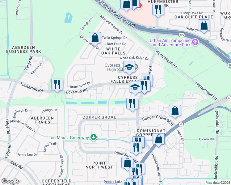 map of restaurants, bars, coffee shops, grocery stores, and more near 9514 Cat Tail Spring Court in Houston