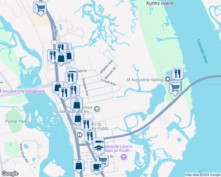 map of restaurants, bars, coffee shops, grocery stores, and more near 234 Rainey Avenue in Saint Augustine