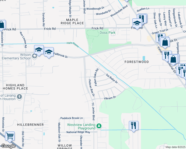 map of restaurants, bars, coffee shops, grocery stores, and more near 12743 Pelican Bay Drive in Houston