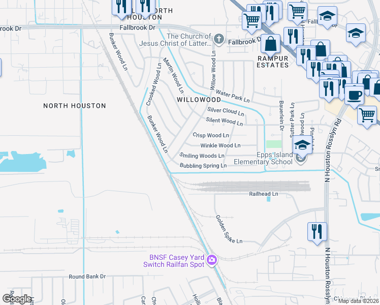 map of restaurants, bars, coffee shops, grocery stores, and more near 9318 Willow Wood Lane in Houston