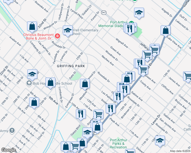 map of restaurants, bars, coffee shops, grocery stores, and more near 2040 Oak Avenue in Port Arthur