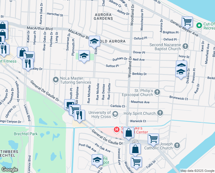 map of restaurants, bars, coffee shops, grocery stores, and more near 3552 Rue Colette in New Orleans