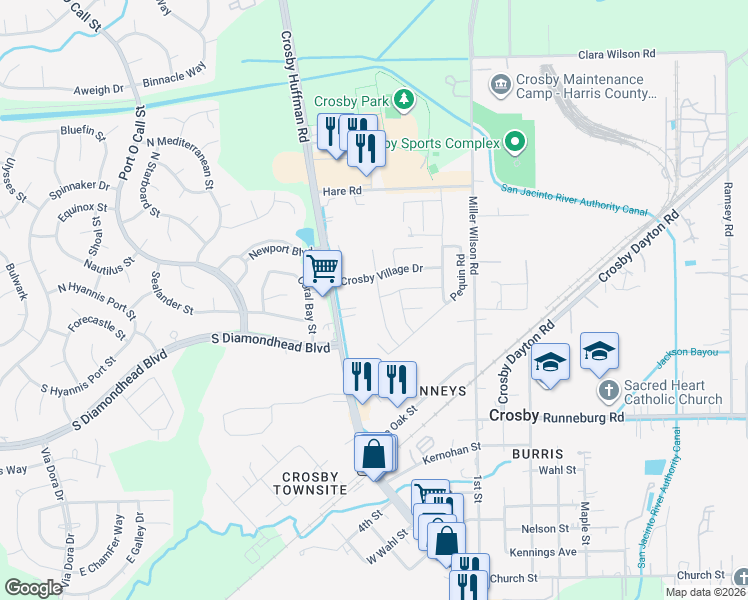 map of restaurants, bars, coffee shops, grocery stores, and more near 6123 Lovage Avenue in Crosby