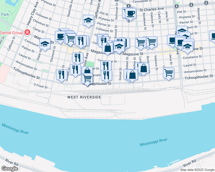 map of restaurants, bars, coffee shops, grocery stores, and more near 5300 Tchoupitoulas Street in New Orleans