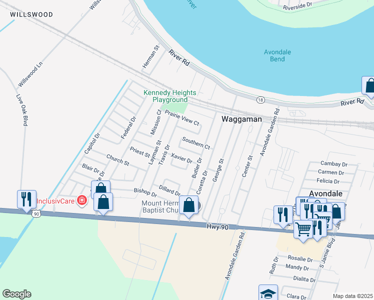 map of restaurants, bars, coffee shops, grocery stores, and more near 117 Southern Court in Westwego