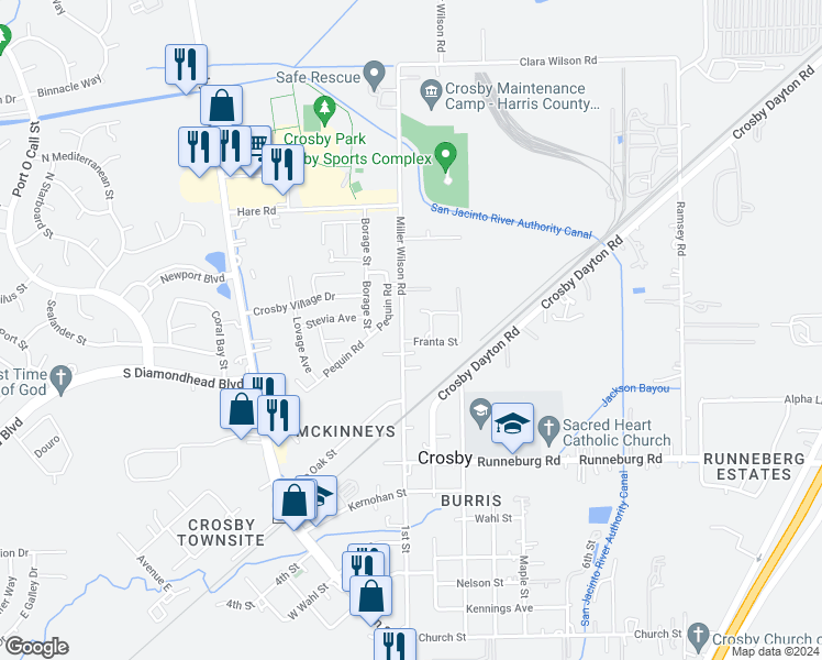map of restaurants, bars, coffee shops, grocery stores, and more near 6102 Miller Wilson Road in Crosby