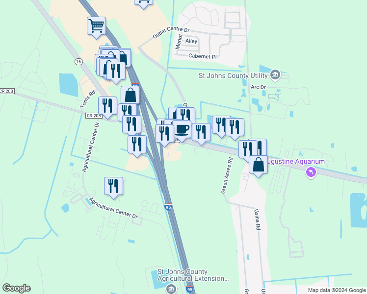 map of restaurants, bars, coffee shops, grocery stores, and more near 2345 Florida 16 in St. Augustine