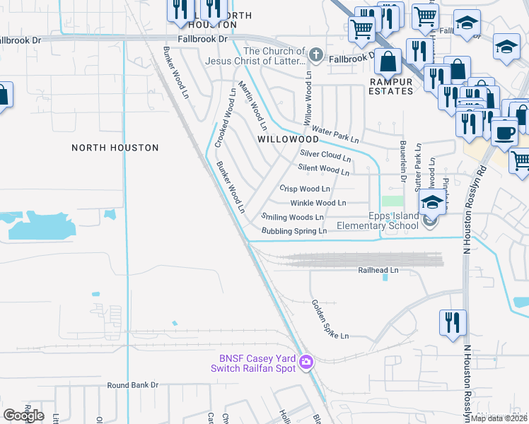 map of restaurants, bars, coffee shops, grocery stores, and more near 9318 Willow Wood Lane in Houston