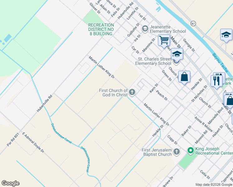 map of restaurants, bars, coffee shops, grocery stores, and more near in Jeanerette