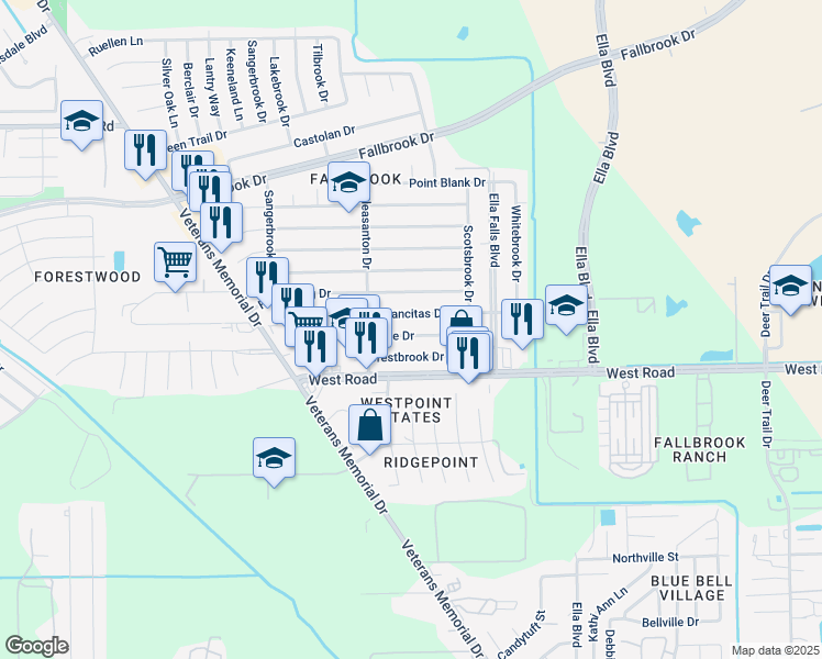 map of restaurants, bars, coffee shops, grocery stores, and more near 1007 Fruitvale Drive in Houston