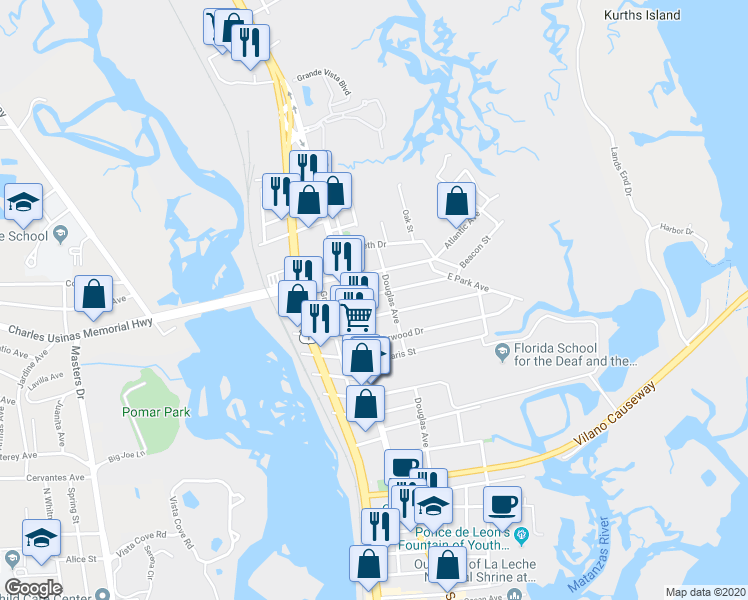 map of restaurants, bars, coffee shops, grocery stores, and more near 8 Bay View Drive in St. Augustine