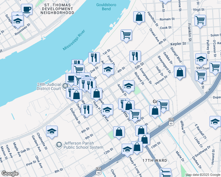 map of restaurants, bars, coffee shops, grocery stores, and more near 510 Lafayette Street in Gretna