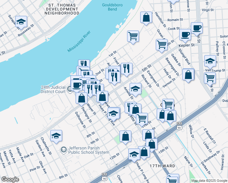 map of restaurants, bars, coffee shops, grocery stores, and more near 510 Lafayette Street in Gretna