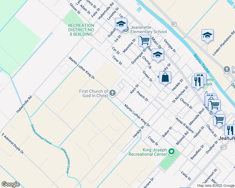 map of restaurants, bars, coffee shops, grocery stores, and more near 1904 Martin Luther King Drive in Jeanerette