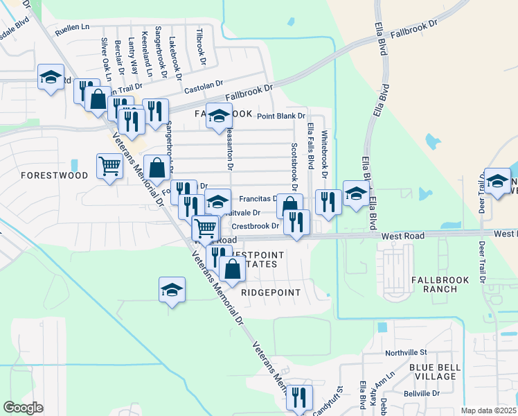 map of restaurants, bars, coffee shops, grocery stores, and more near 1007 Fruitvale Drive in Houston