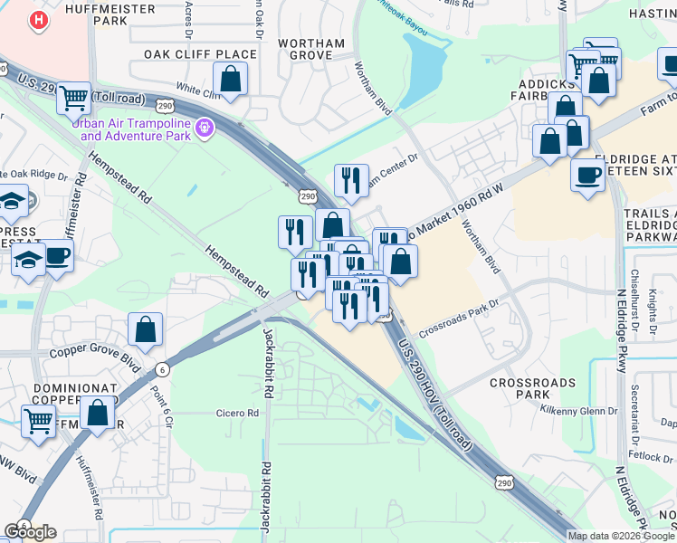 map of restaurants, bars, coffee shops, grocery stores, and more near farm to market in Houston