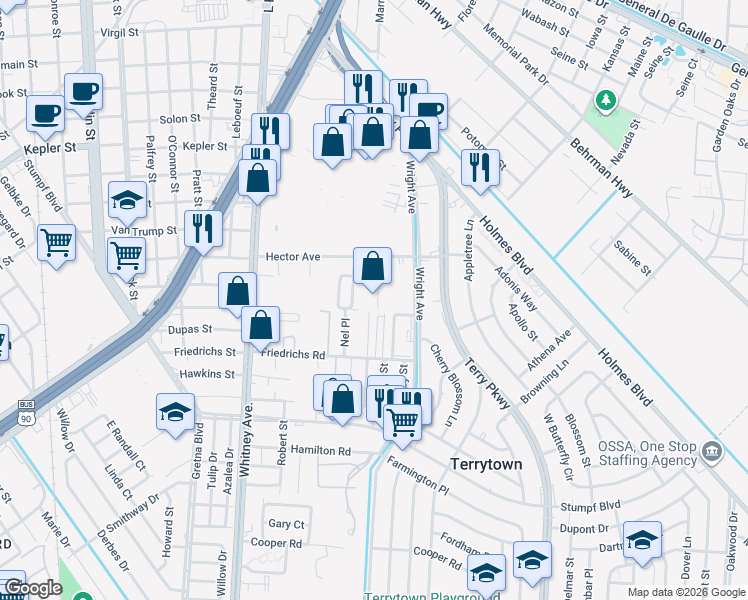 map of restaurants, bars, coffee shops, grocery stores, and more near 242 Villemar Place in Terrytown