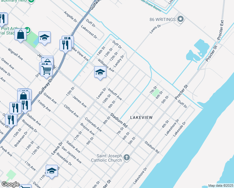 map of restaurants, bars, coffee shops, grocery stores, and more near 5101 9th Street in Port Arthur