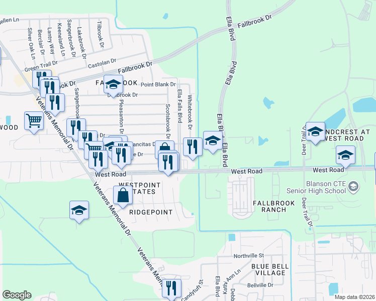 map of restaurants, bars, coffee shops, grocery stores, and more near 10135 Whitebrook Drive in Houston