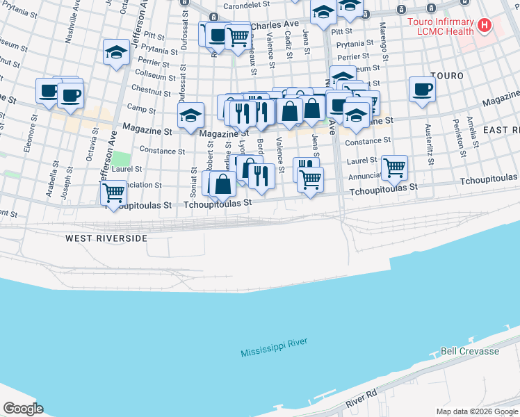 map of restaurants, bars, coffee shops, grocery stores, and more near 4801 South Front Street in New Orleans