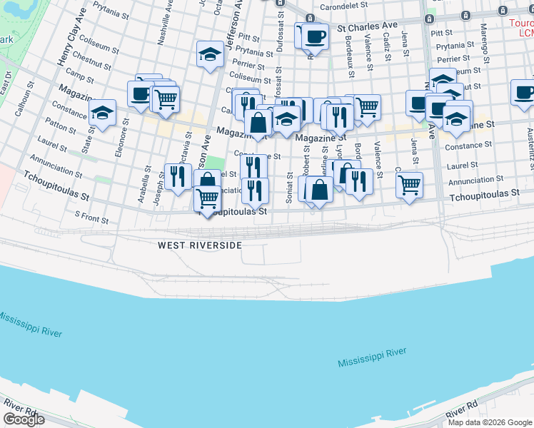 map of restaurants, bars, coffee shops, grocery stores, and more near 5130 Tchoupitoulas Street in New Orleans