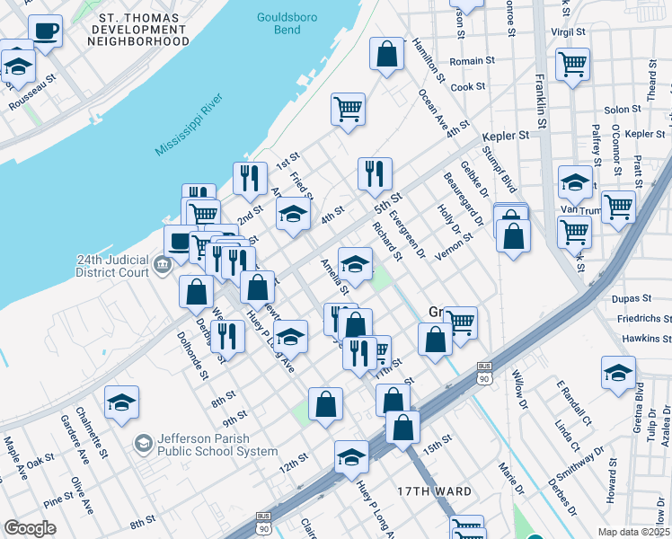 map of restaurants, bars, coffee shops, grocery stores, and more near 420 6th Street in Gretna