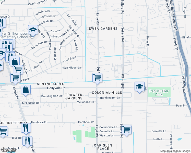 map of restaurants, bars, coffee shops, grocery stores, and more near 14816 Lillja Road in Houston