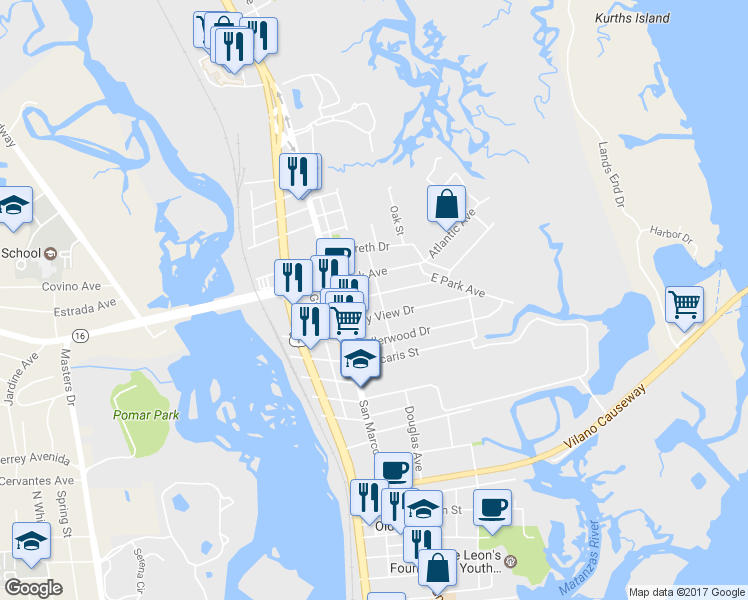 map of restaurants, bars, coffee shops, grocery stores, and more near 15 Sylvan Drive in Saint Augustine