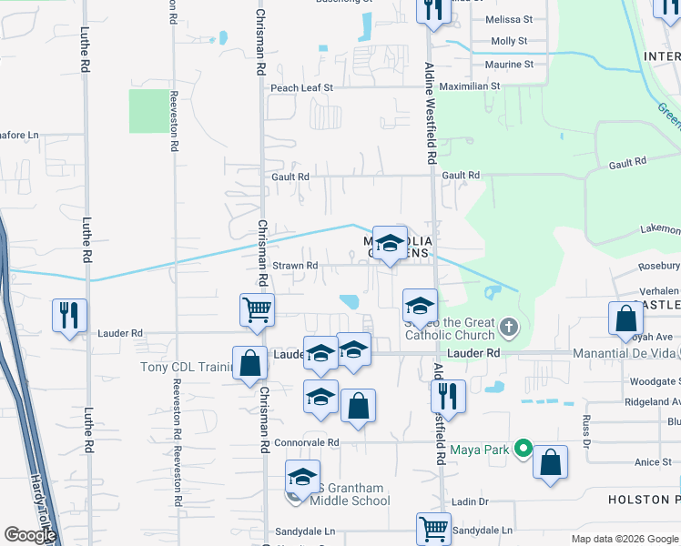 map of restaurants, bars, coffee shops, grocery stores, and more near 1214 Strawn Road in Houston