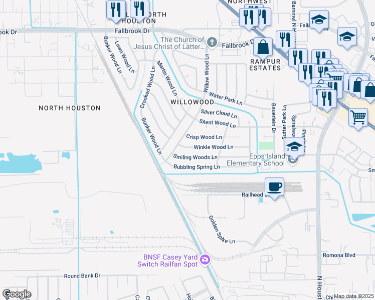 map of restaurants, bars, coffee shops, grocery stores, and more near 7646 Smiling Woods Lane in Houston