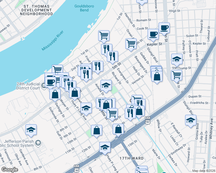 map of restaurants, bars, coffee shops, grocery stores, and more near 315 7th Street in Gretna