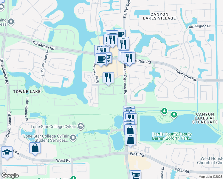 map of restaurants, bars, coffee shops, grocery stores, and more near 17807 Lakecrest View Drive in Cypress