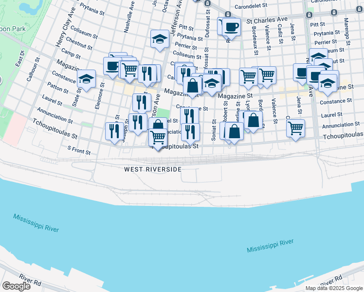 map of restaurants, bars, coffee shops, grocery stores, and more near 5300 Tchoupitoulas Street in New Orleans