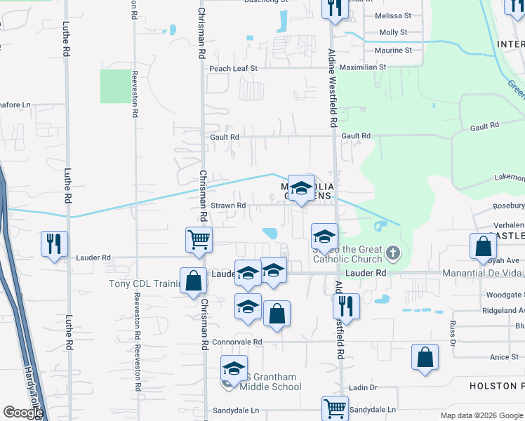 map of restaurants, bars, coffee shops, grocery stores, and more near 1214 Strawn Road in Houston